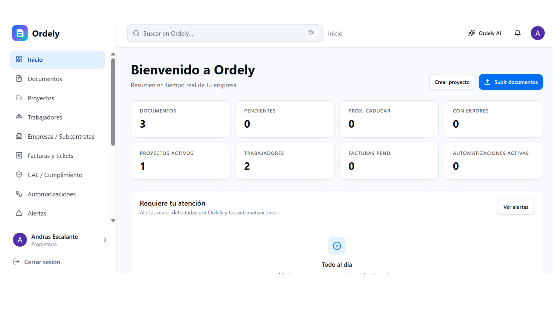 Pantalla real de inicio de Ordely con navegación, búsqueda, indicadores operativos y alertas